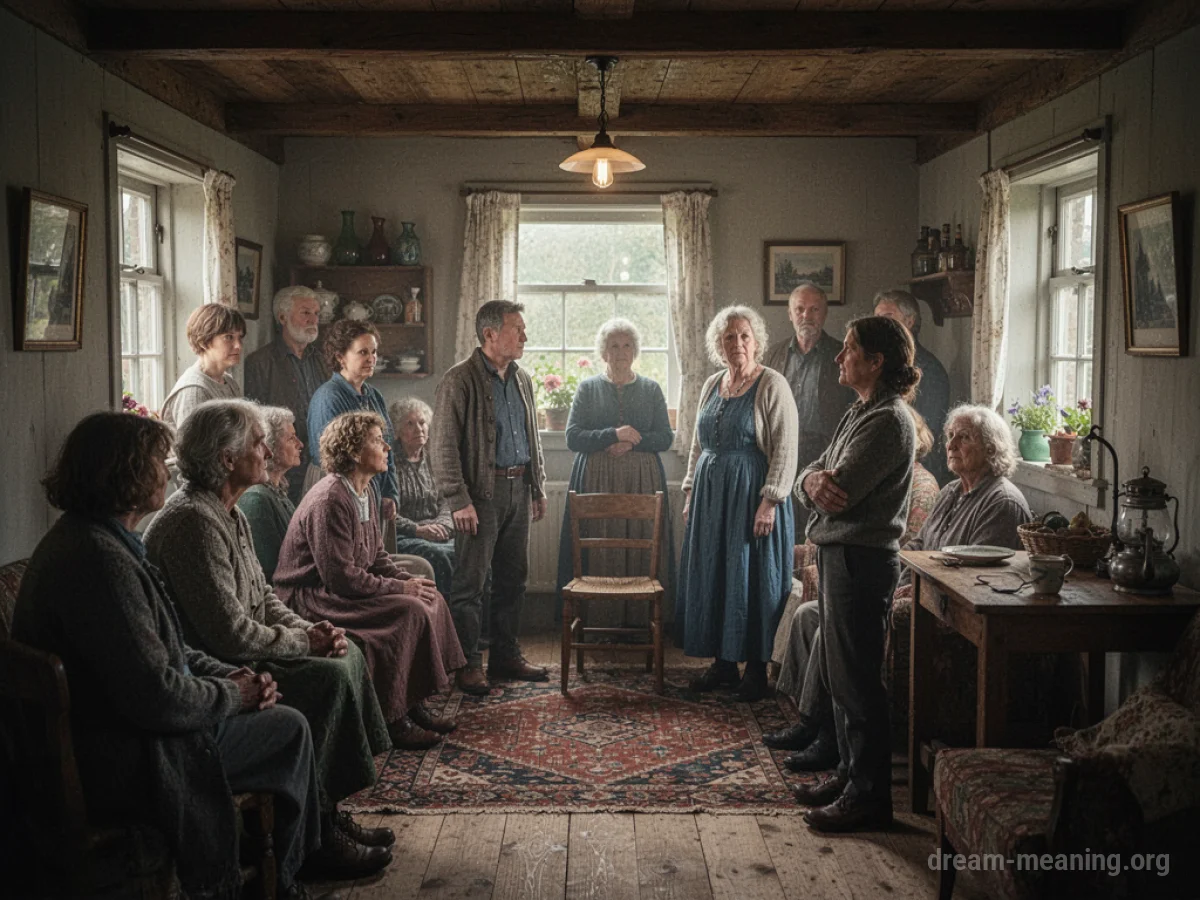 Interior of a cottage filled with many unfamiliar people.