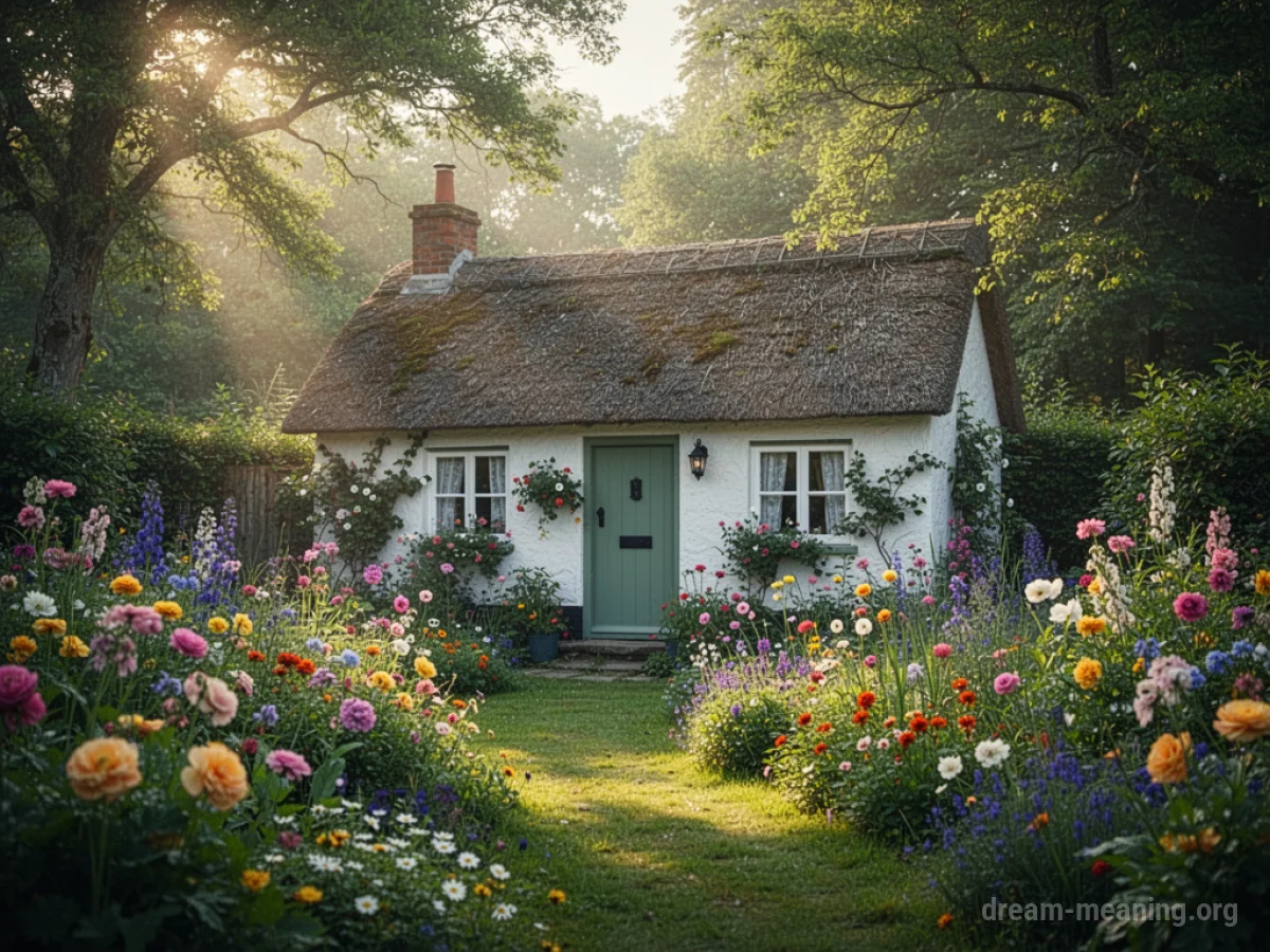 A quaint cottage nestled beside a flourishing garden.
