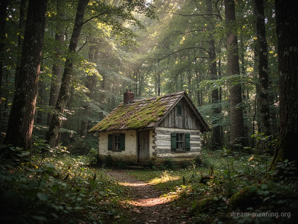 A small cottage surrounded by tall trees in a forest.