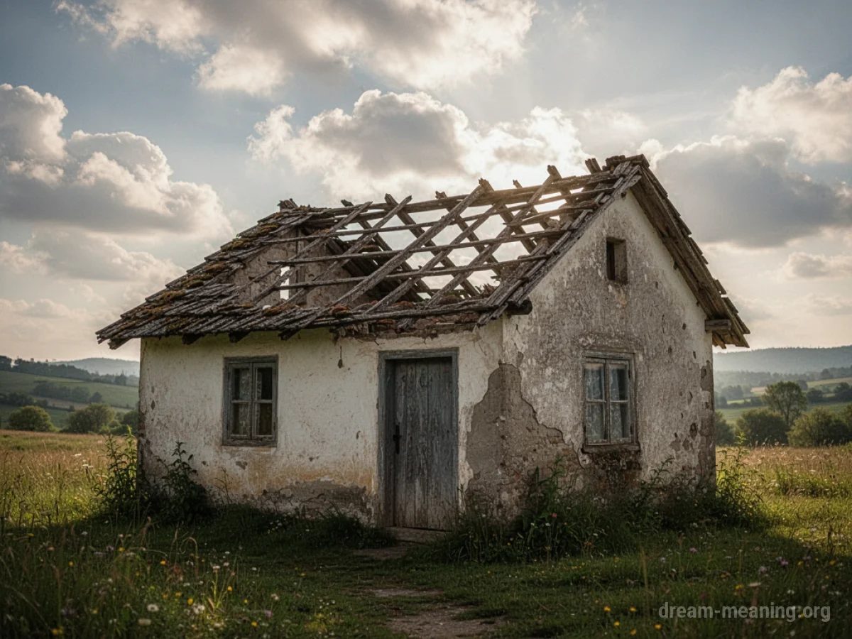 A cottage interior exposed to the open sky.