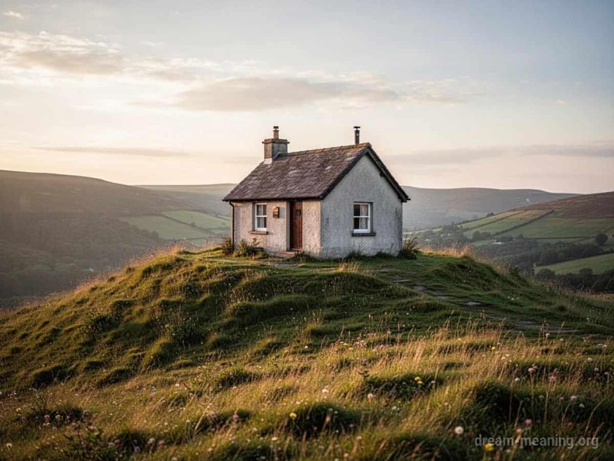 A solitary cottage situated on top of a prominent hill.