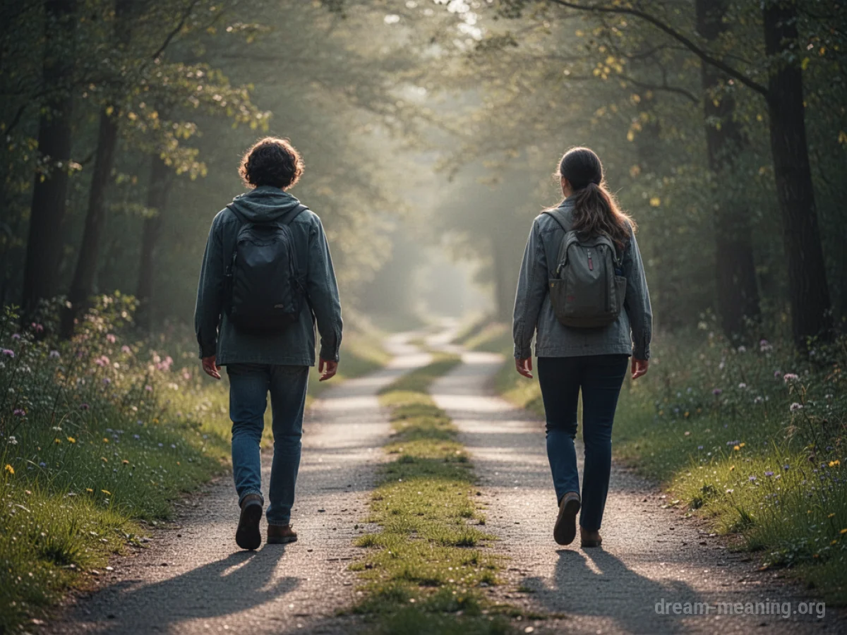 Two silhouettes walking in opposite directions on a path.