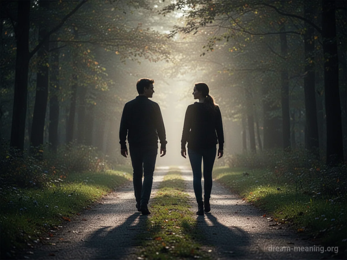 Two silhouetted figures walking towards each other.