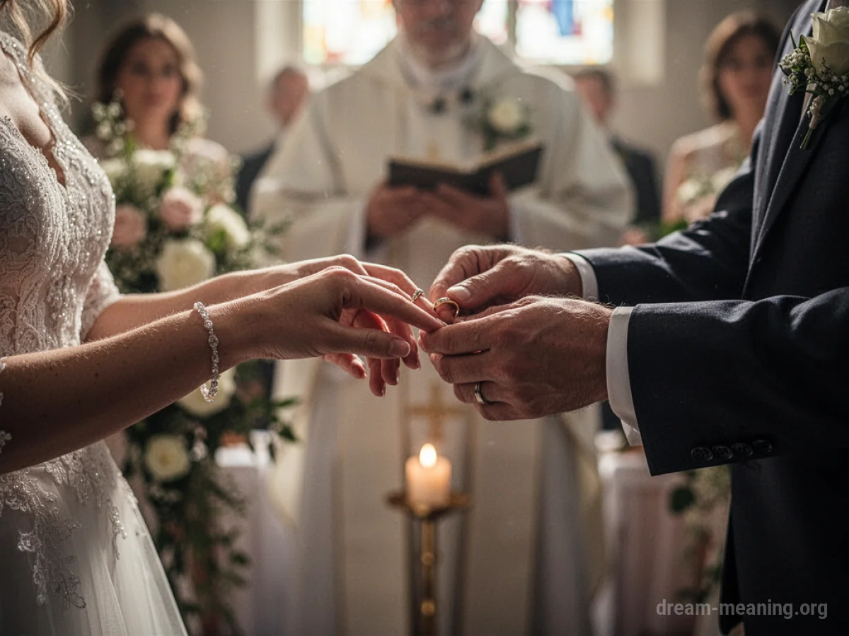 Close-up of two hands, one placing a wedding ring onto the other's finger.