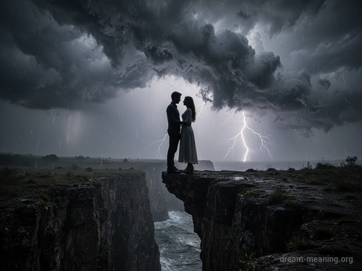 Silhouetted couple near a cliff edge with stormy clouds.