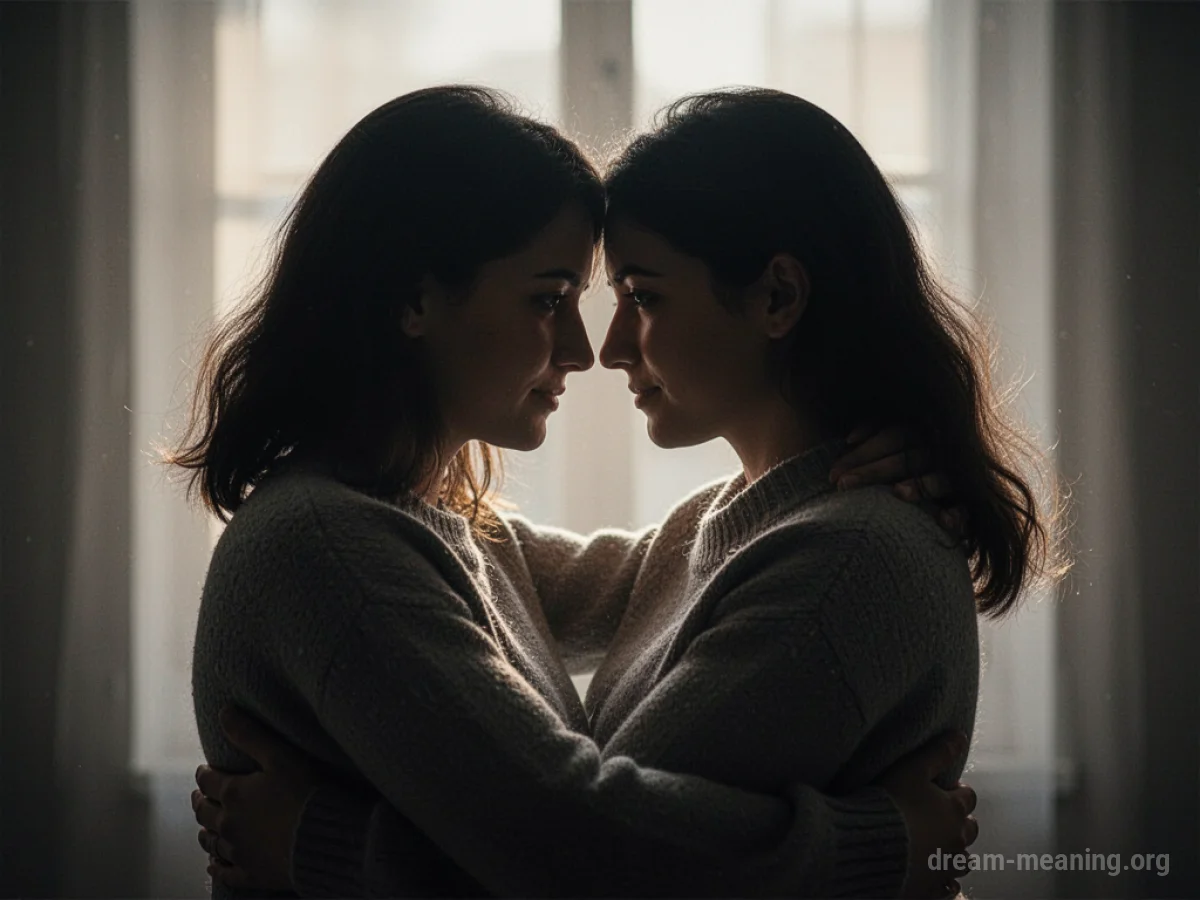 Silhouettes of two people embracing and kissing.