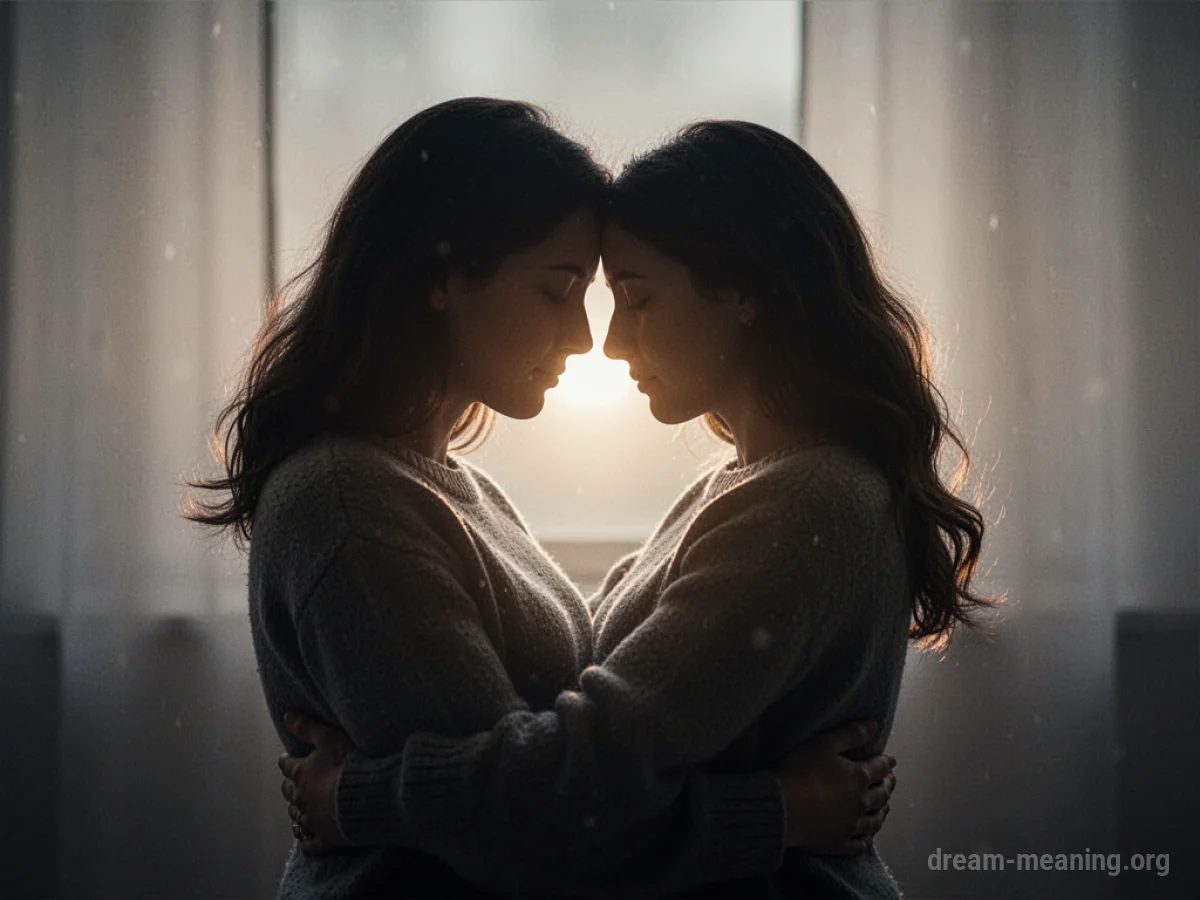 Two silhouetted figures embracing closely.