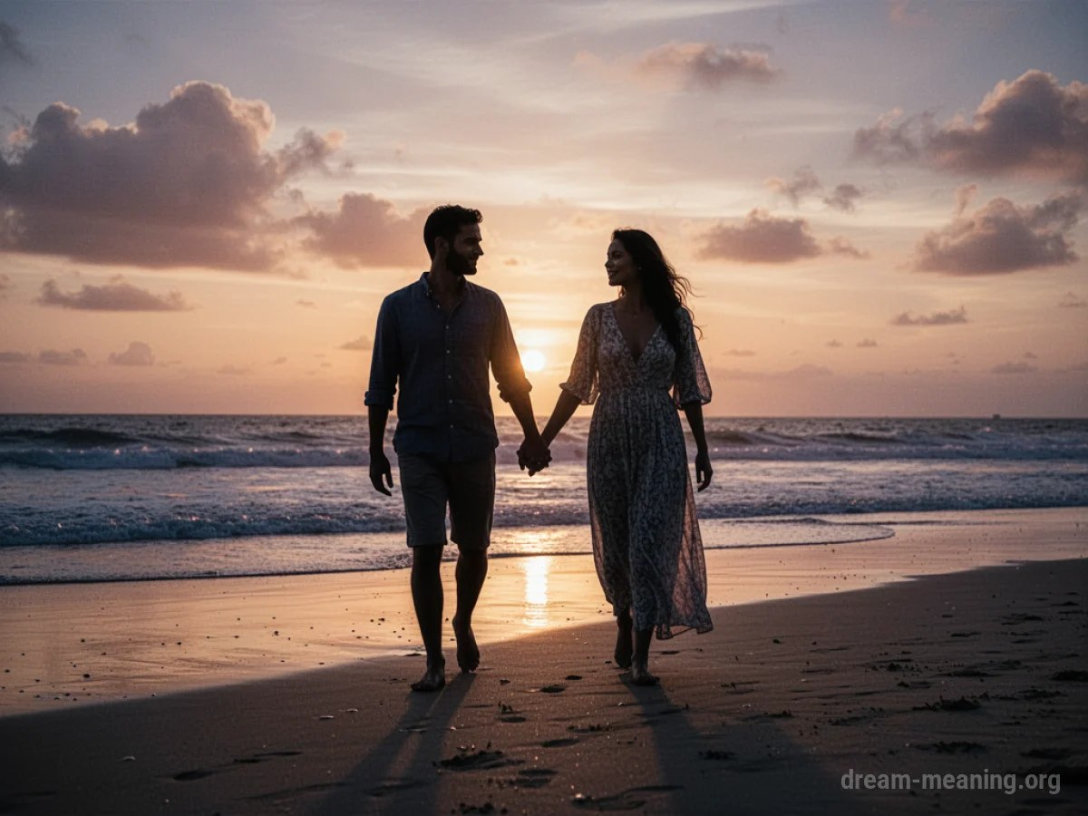 Silhouettes of a couple walking on a beach during sunset.