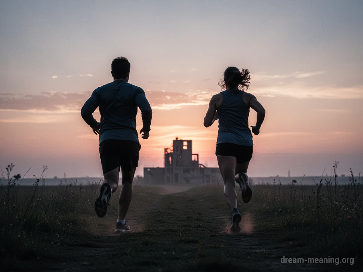 Two silhouetted figures running away from a building into a dusky landscape.