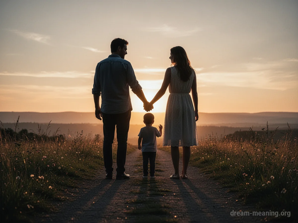 Silhouettes of a couple and a child standing together on a path.
