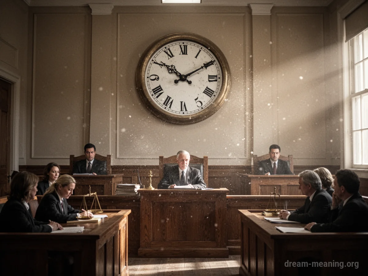 A courtroom scene with a prominent, stopped clock.