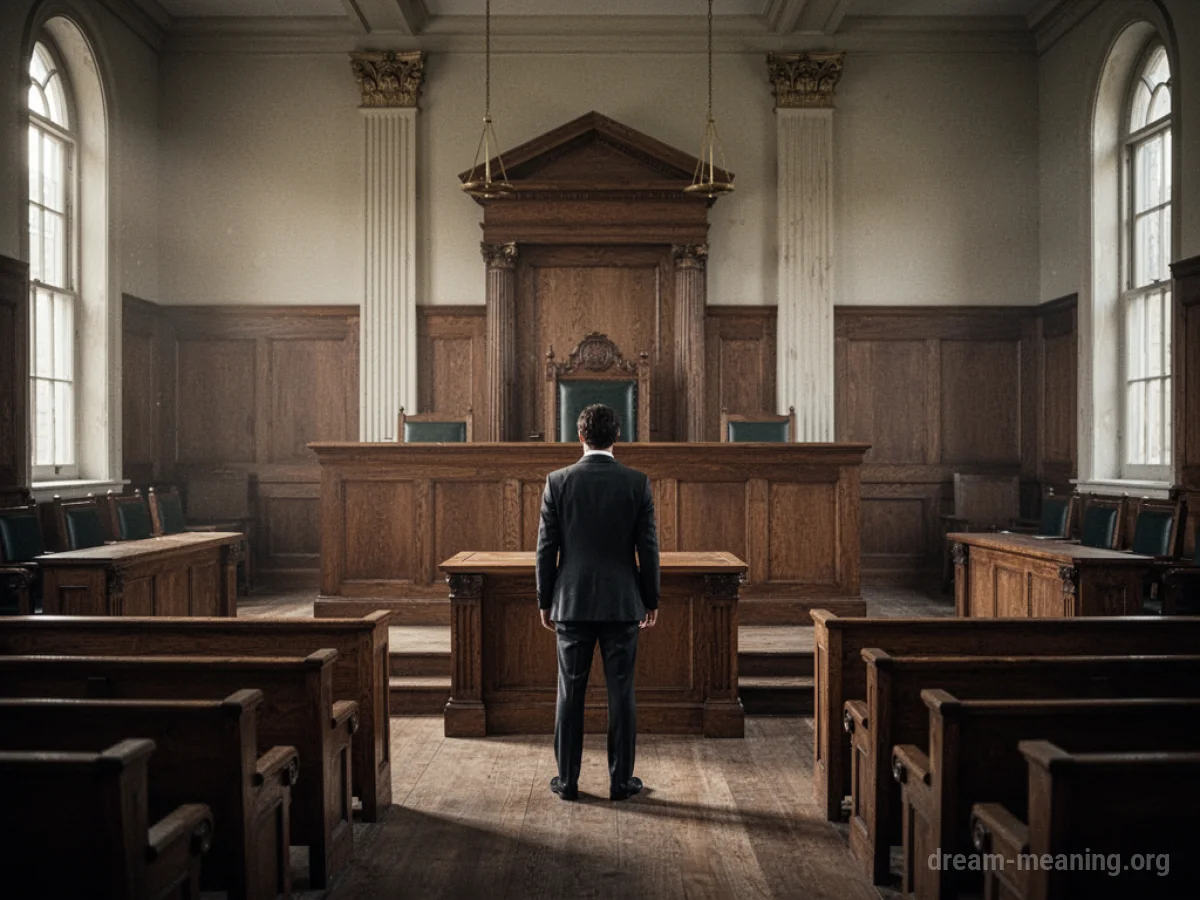 A single person stands in a large, empty courtroom facing a judge's bench.