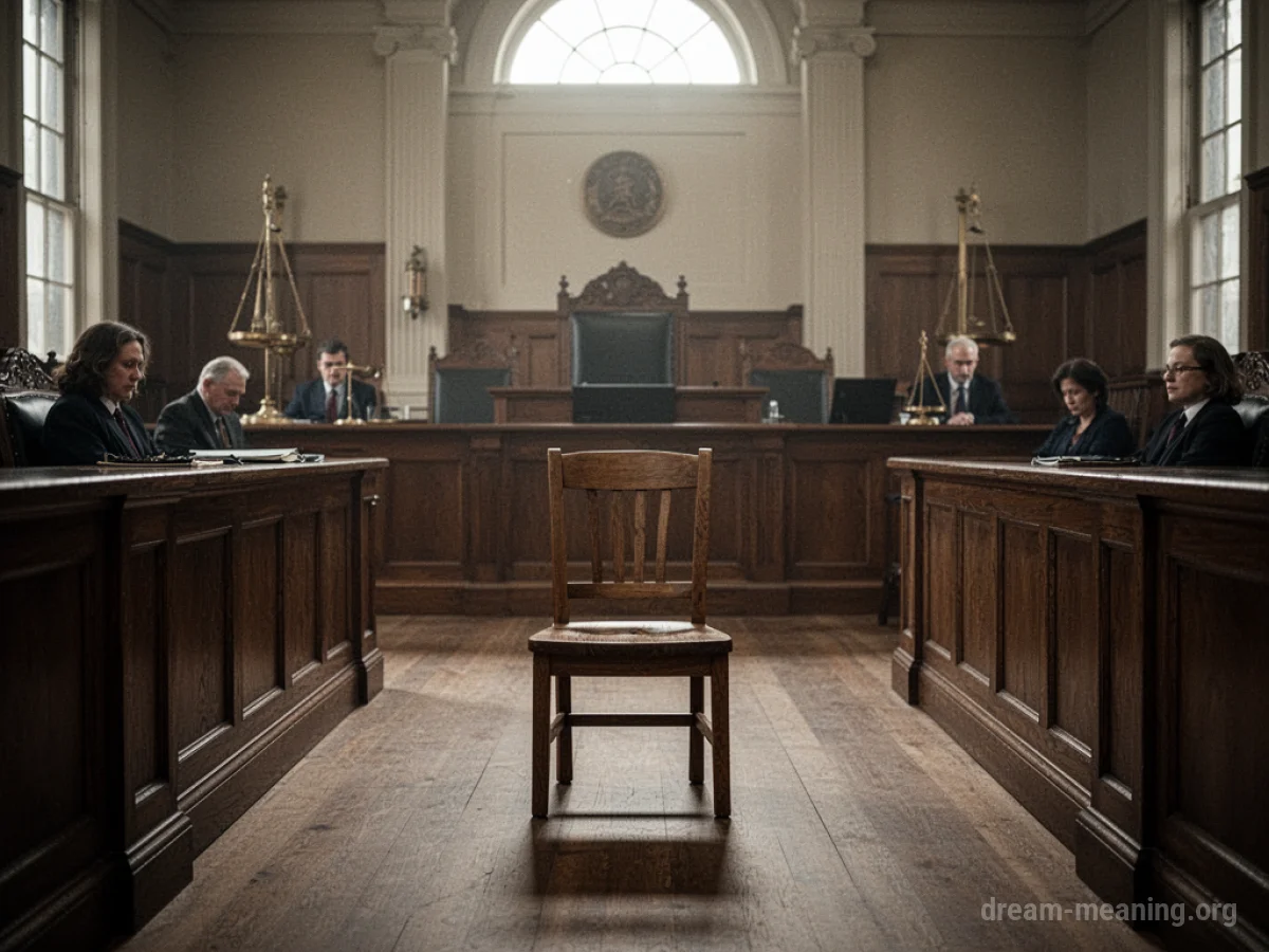 An empty child's chair in a large, formal courtroom.