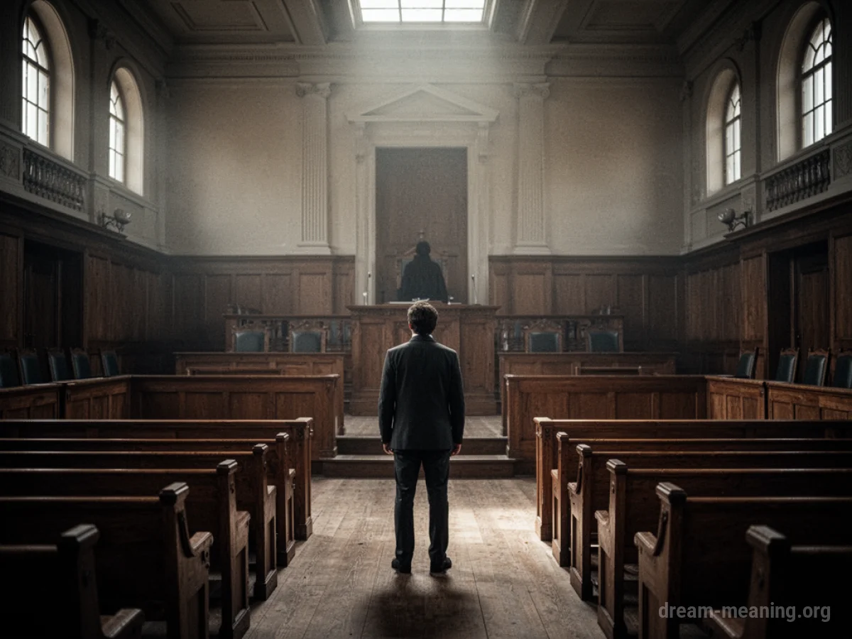 A lone person stands in a large, empty courtroom with a distant silhouette.