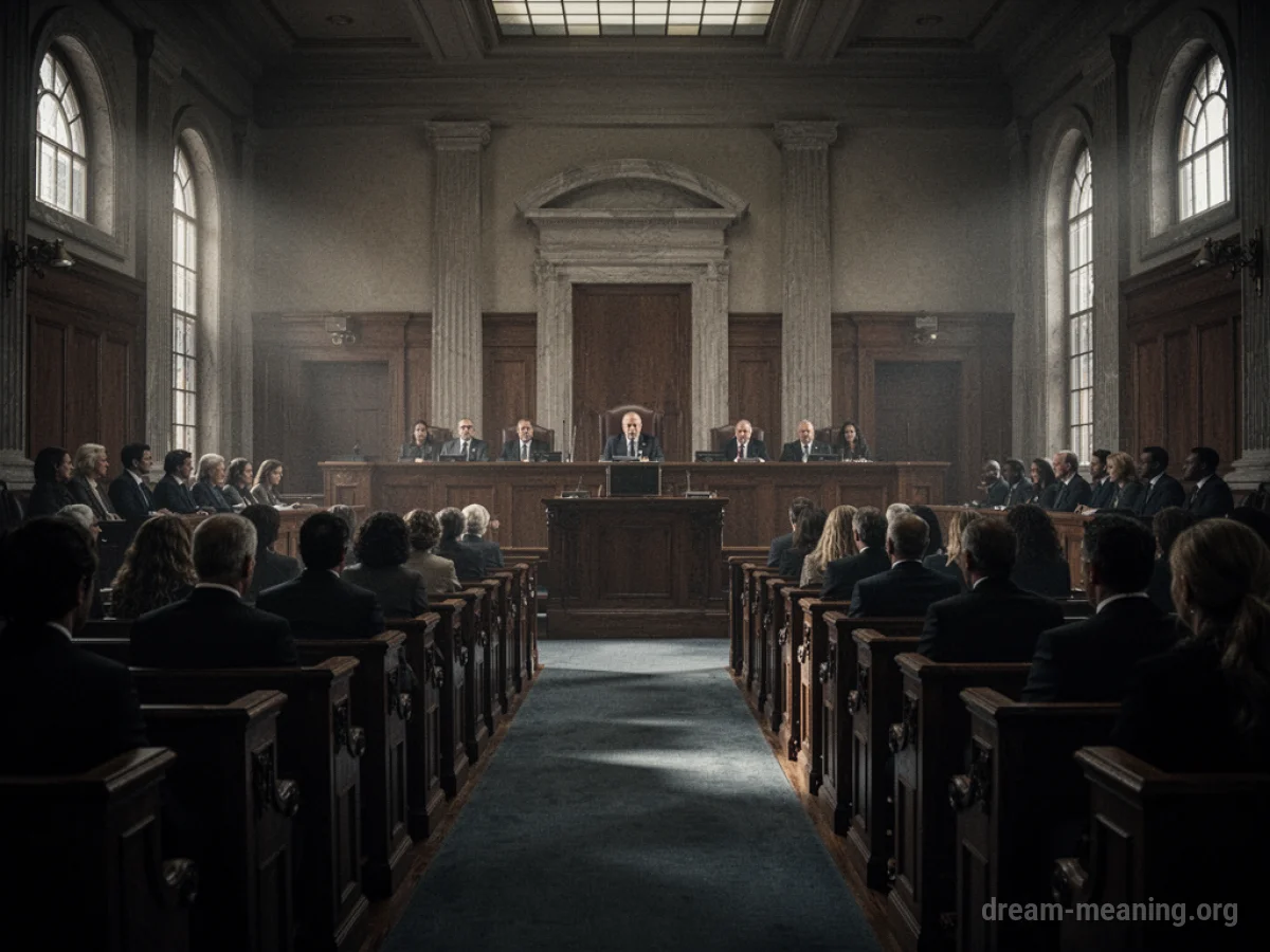 A courtroom filled with silhouettes of unknown people.