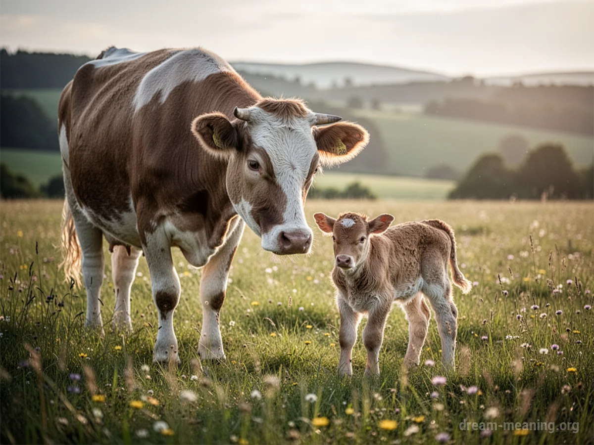 A mother cow stands protectively over a newborn calf in a grassy field.