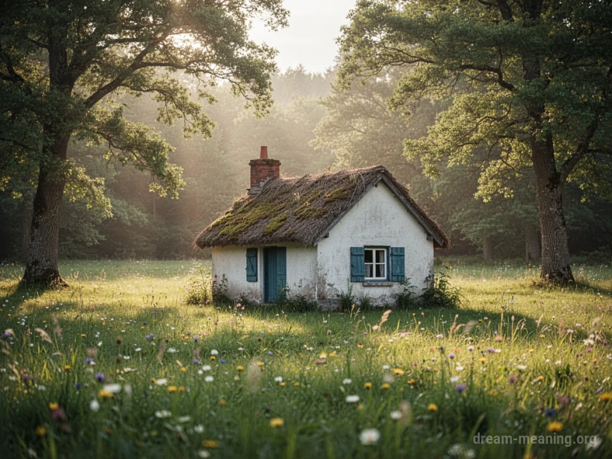 A small, charming cottage with a smoking chimney in a green meadow.