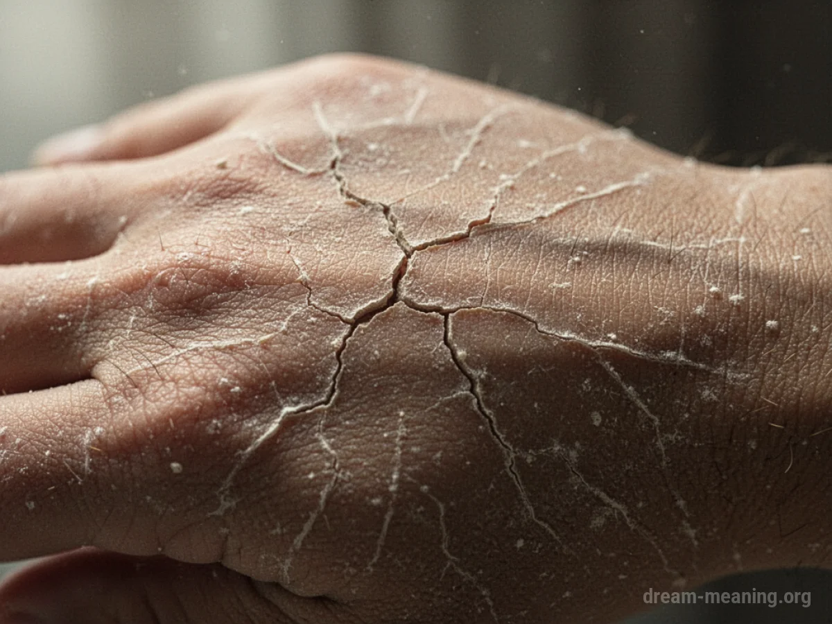 Close-up view of dry, cracked skin texture on a human hand.