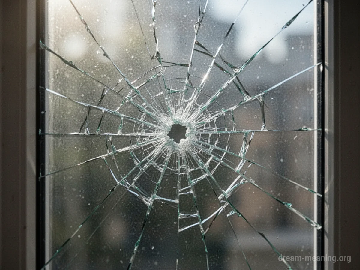 A glass windowpane with a prominent fracture.