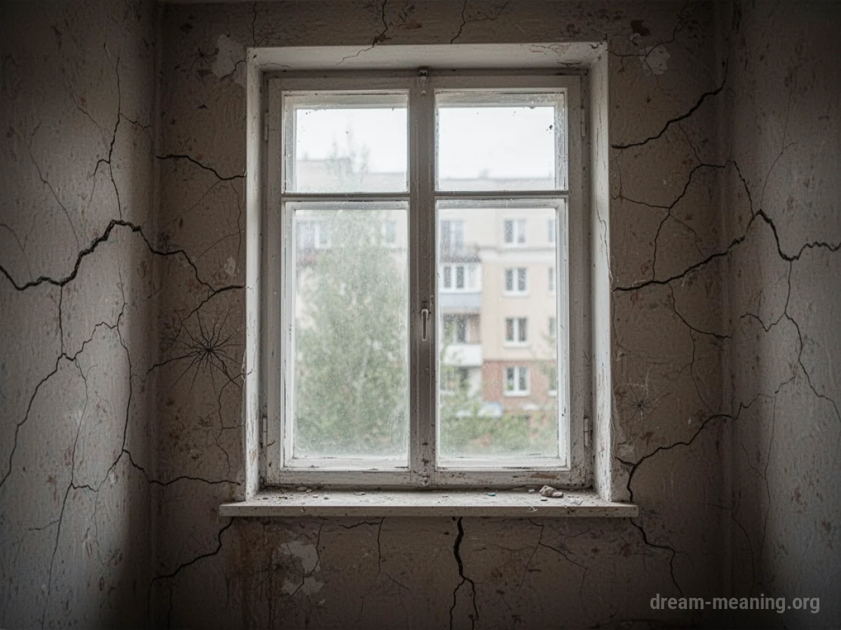 Interior of a room with numerous fine cracks covering the walls.
