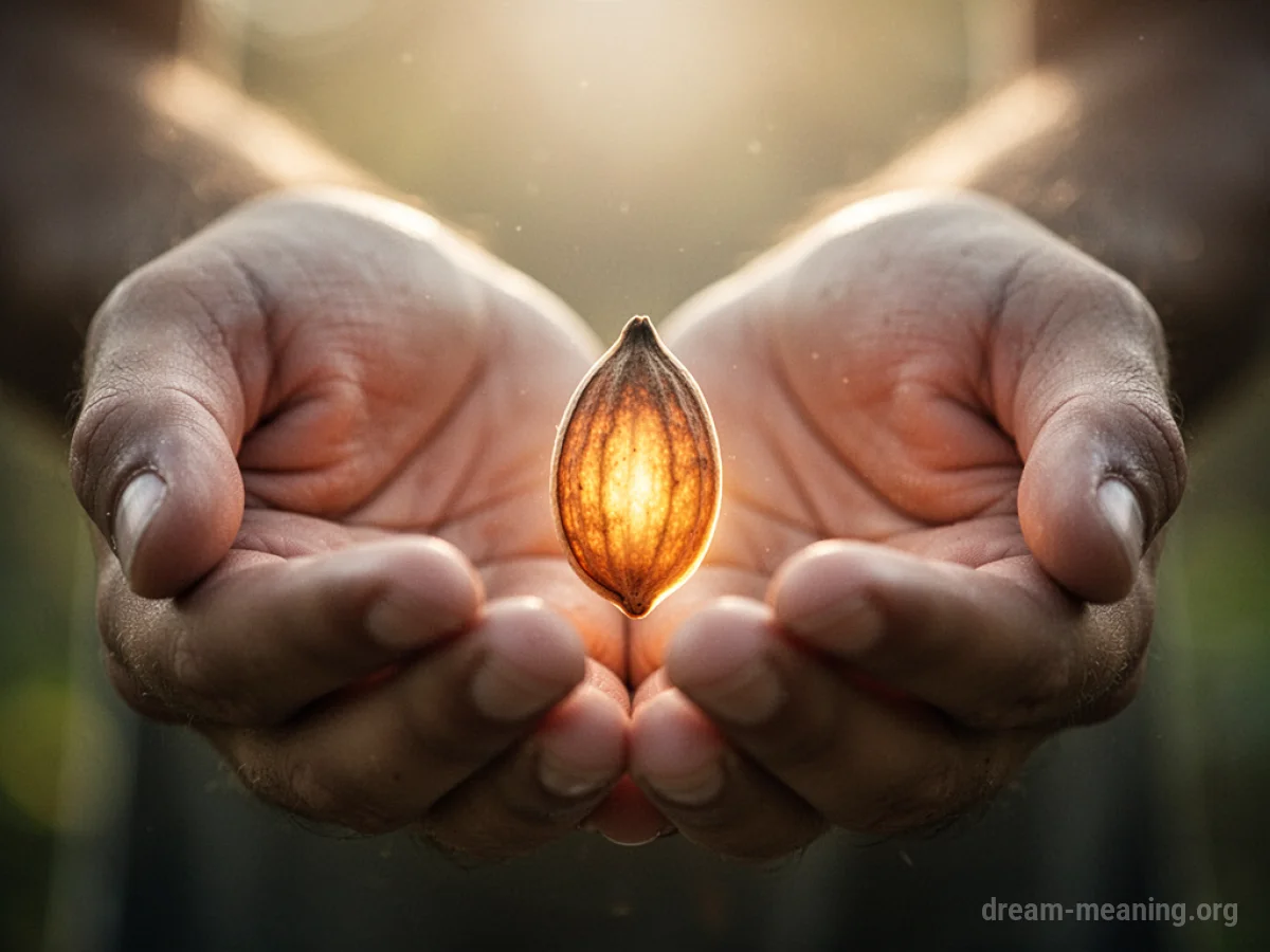 Hands holding a glowing seed.