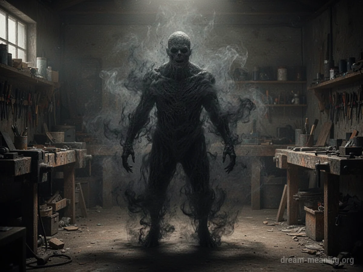 A shadowy, indistinct figure emerging from dark mist.