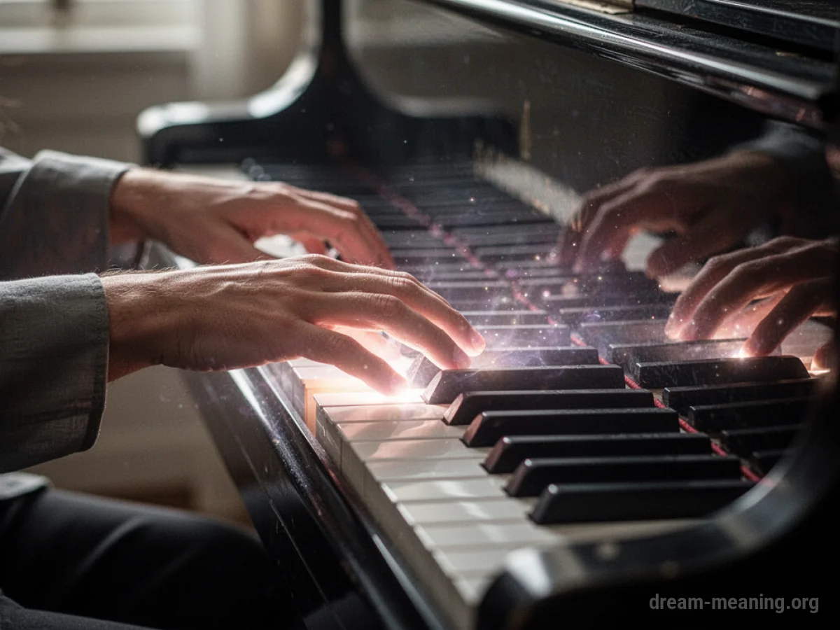 Hands playing a piano with light glowing from the keys.
