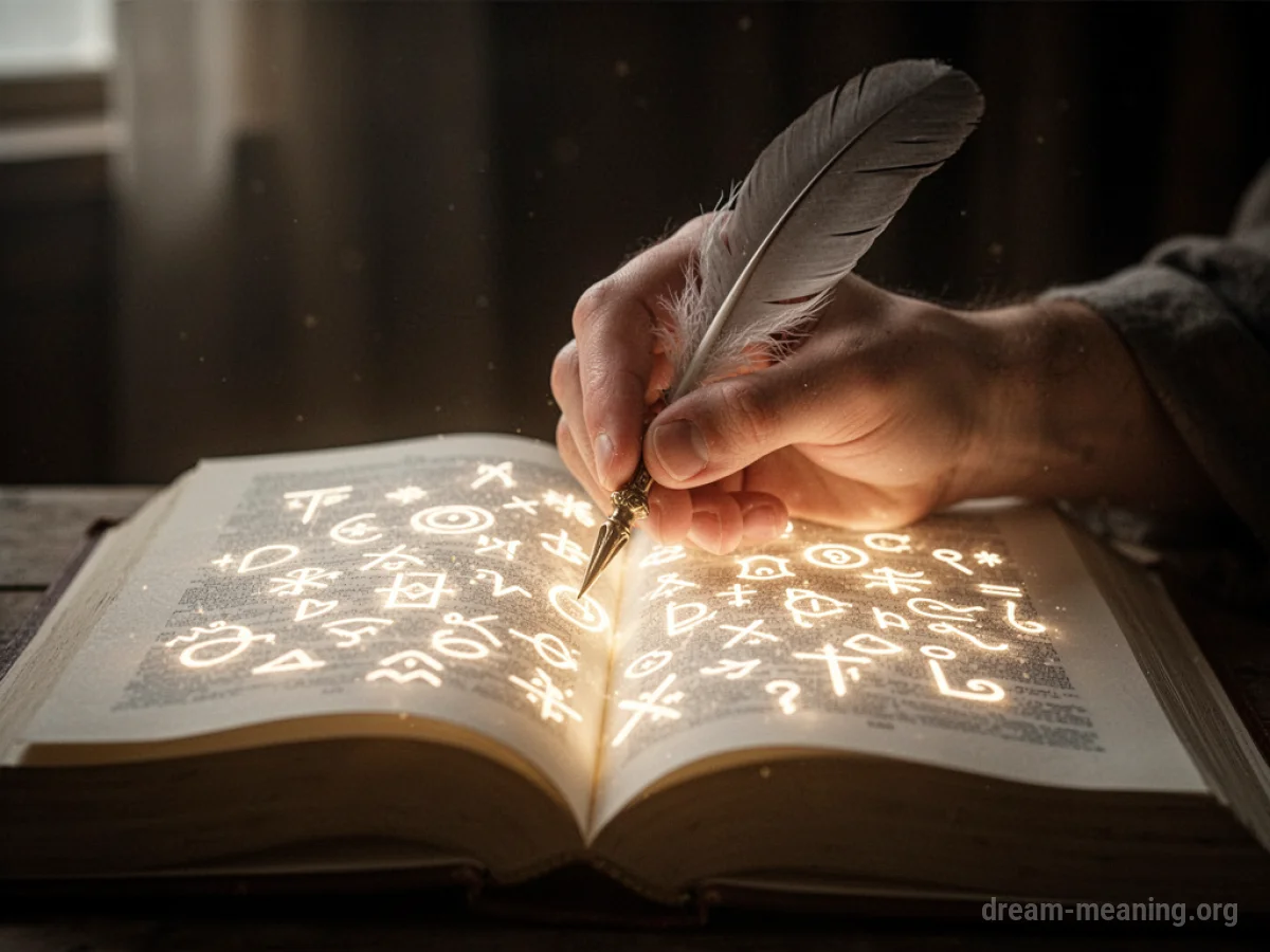A hand writing glowing symbols in a book.