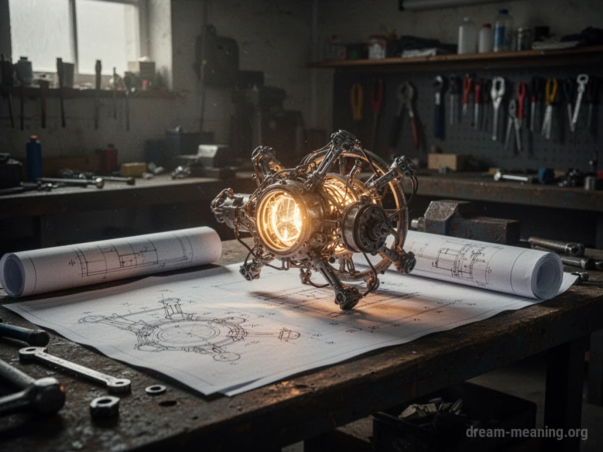 A partially assembled, intricate mechanical device on a workbench with glowing parts.