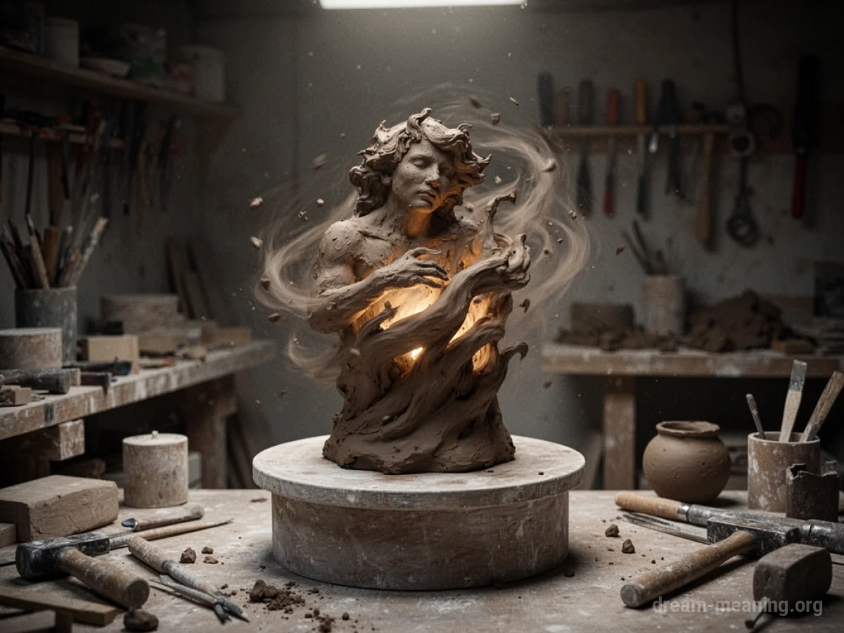 A clay sculpture on a pedestal in a dark room, with a faint glow emanating from its form.