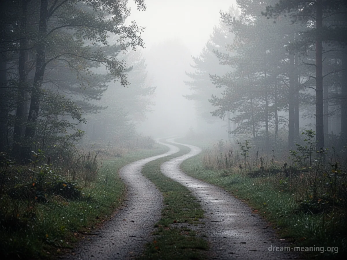 A road vanishing into a foggy, indistinct landscape.