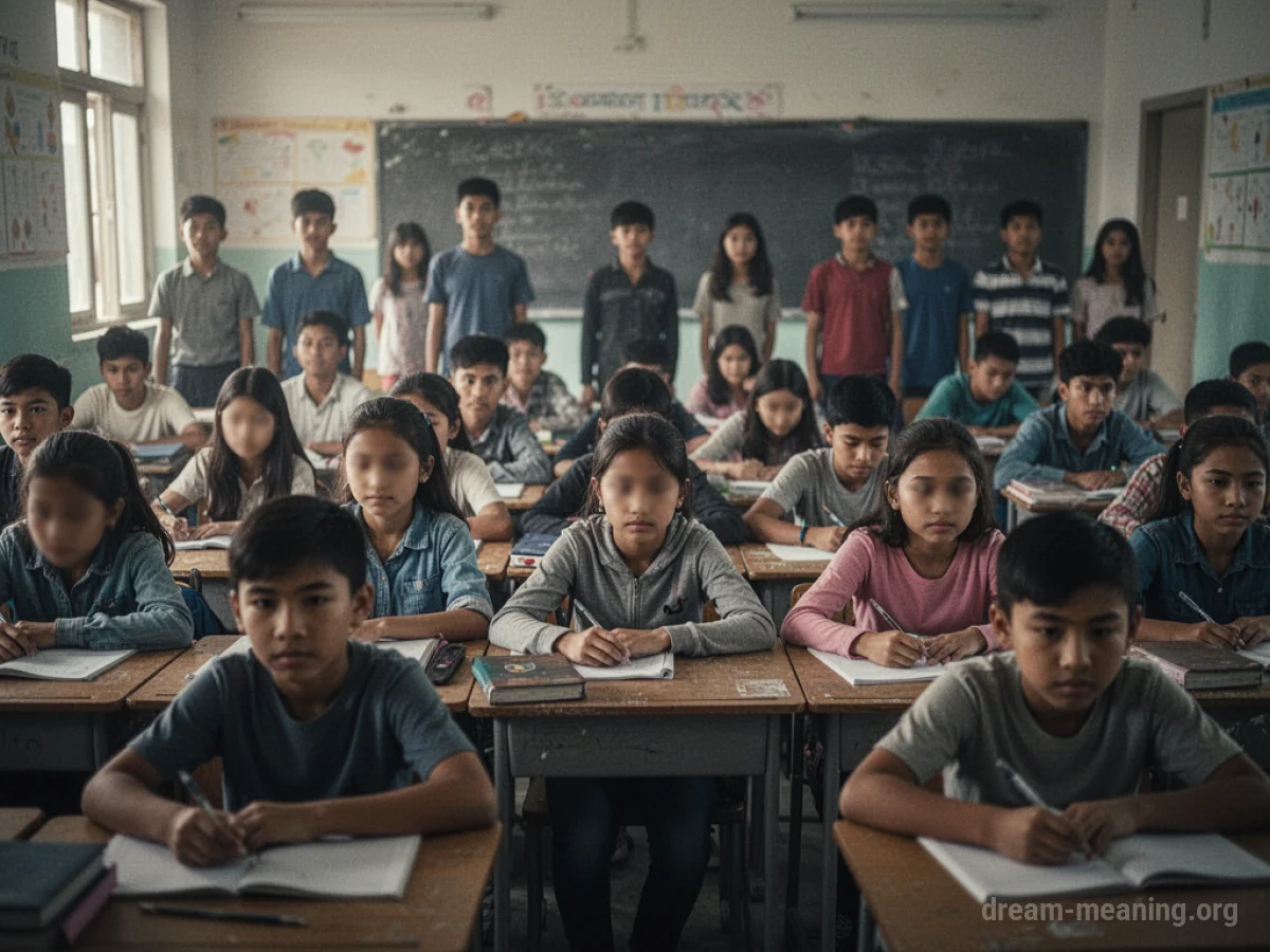 A classroom filled with many indistinct student figures.