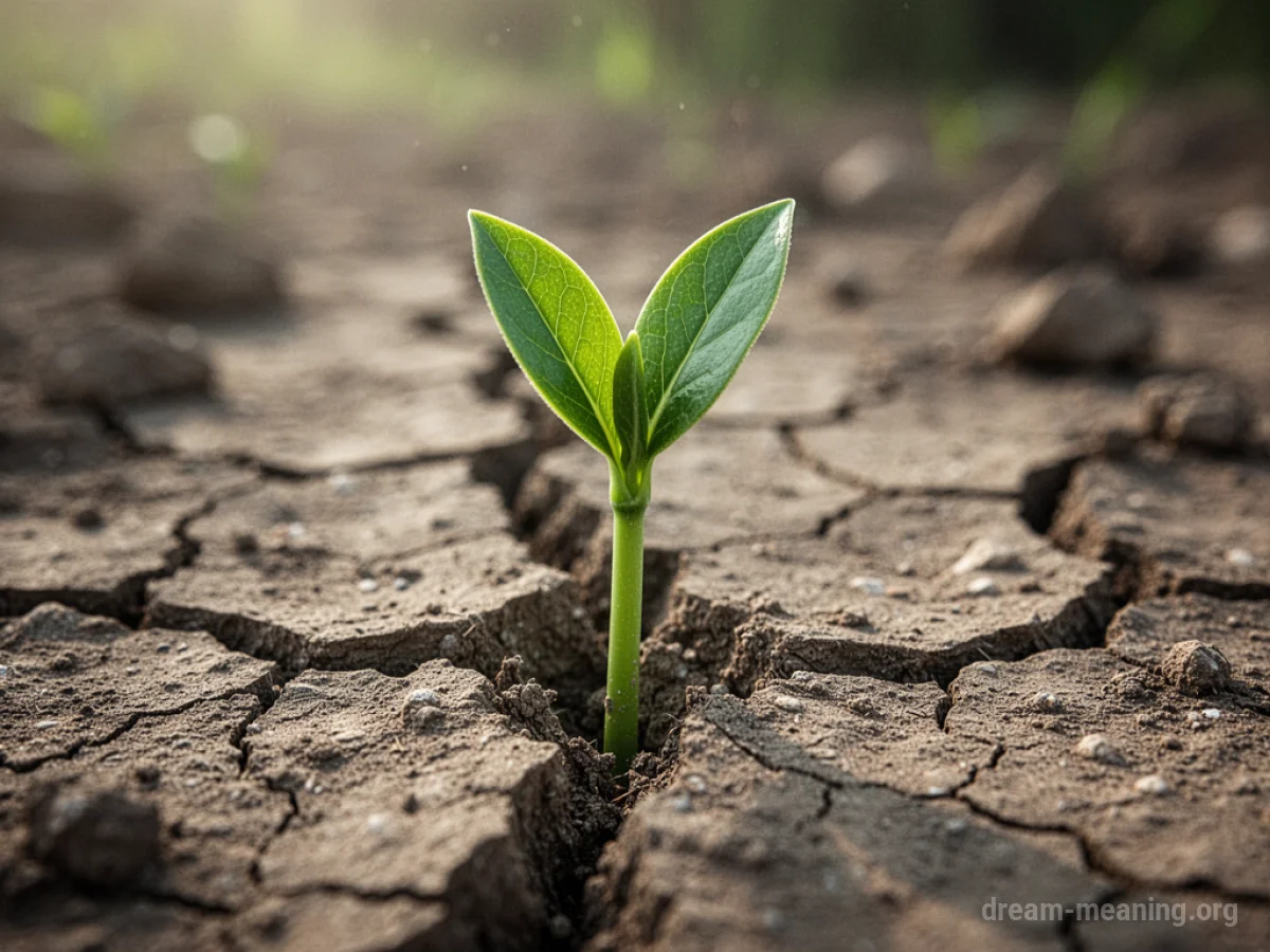 A green sprout growing from dry, cracked ground.