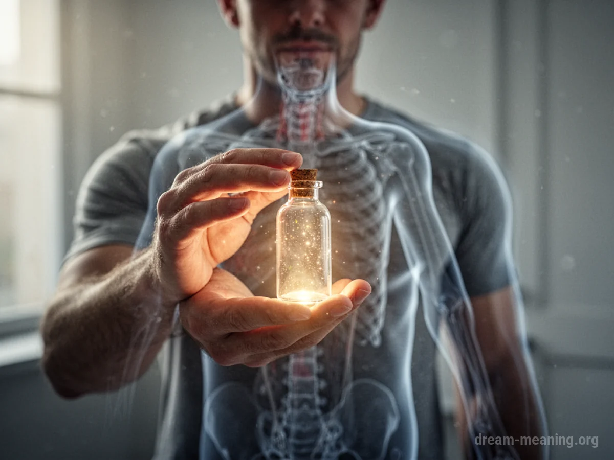 Person holding a glowing vial with a faint outline of a healthy body.