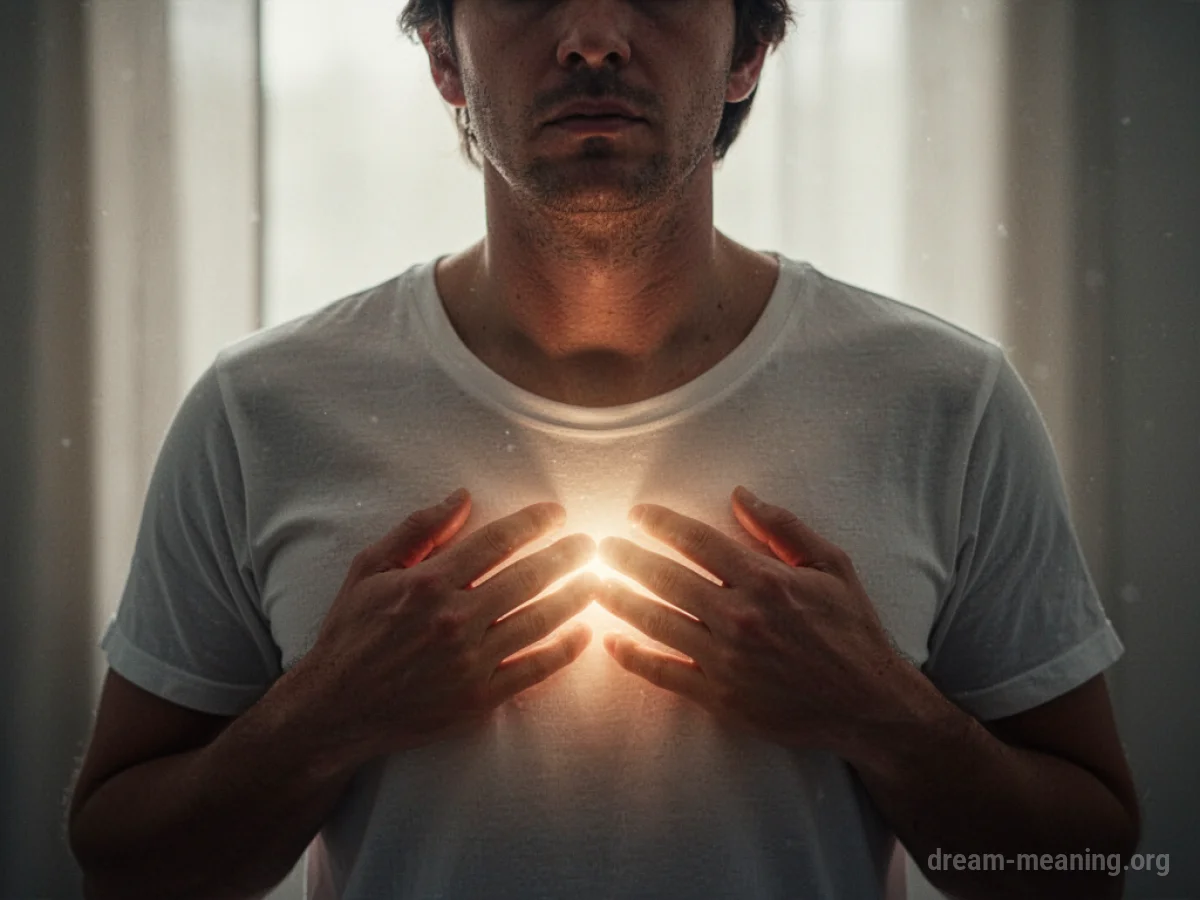 A subtle glow of light originating from the center of a person's chest.