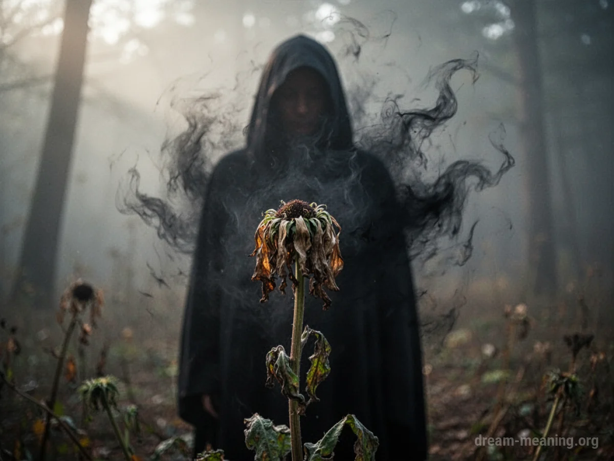 A wilting flower with a shadowy silhouette in the background.