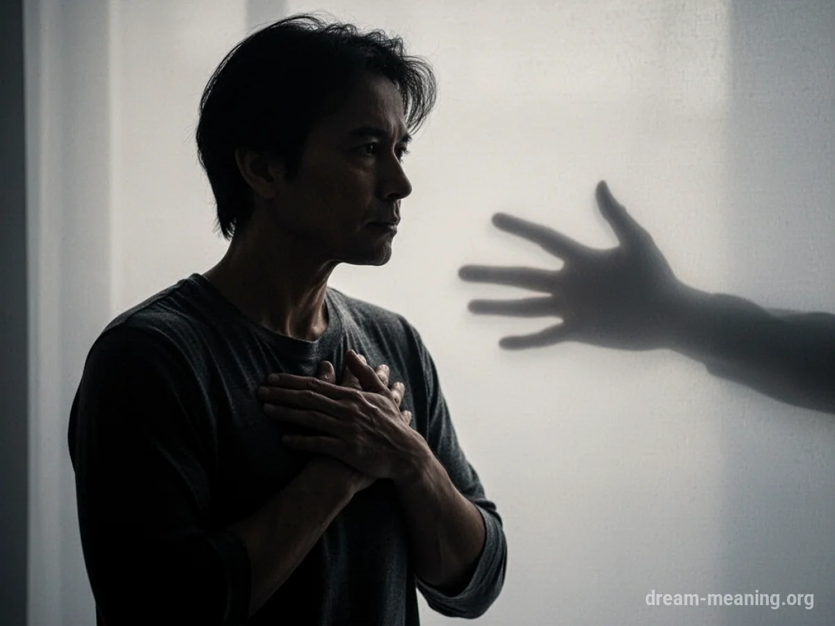 Silhouette of a person clutching their chest, with a shadowy hand in the background.