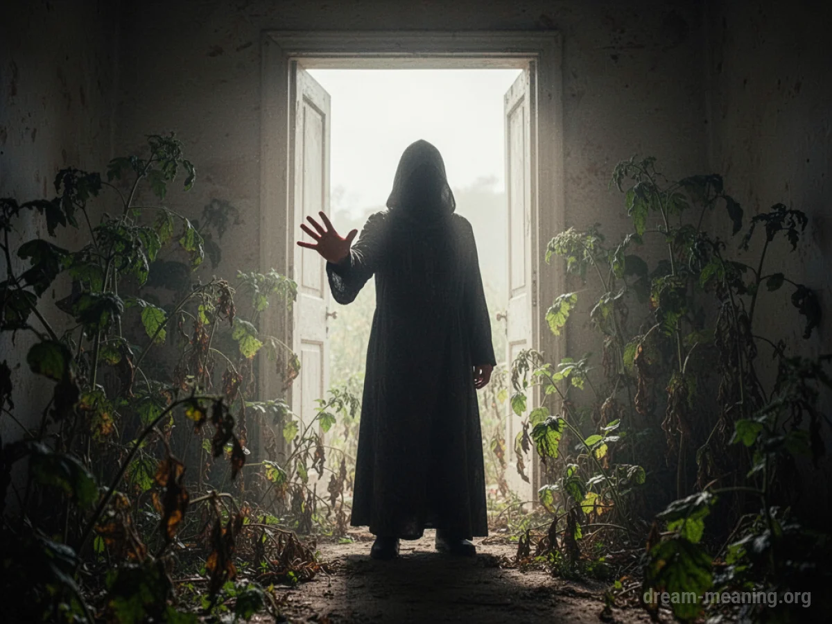 A dark silhouette blocks a sunlit opening, with wilting plants nearby.