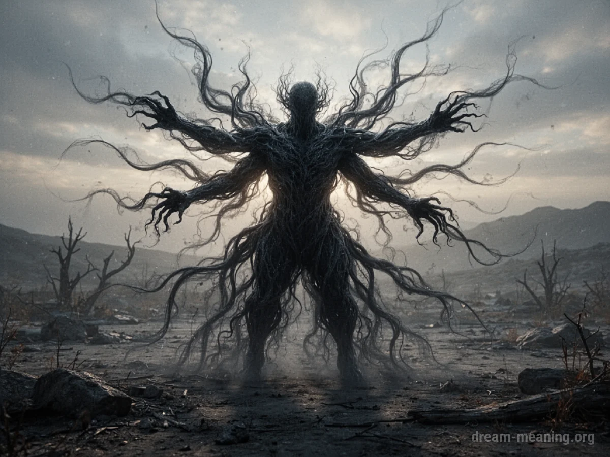 An abstract dark shadow with long, reaching tendrils moving across a barren, gray landscape.