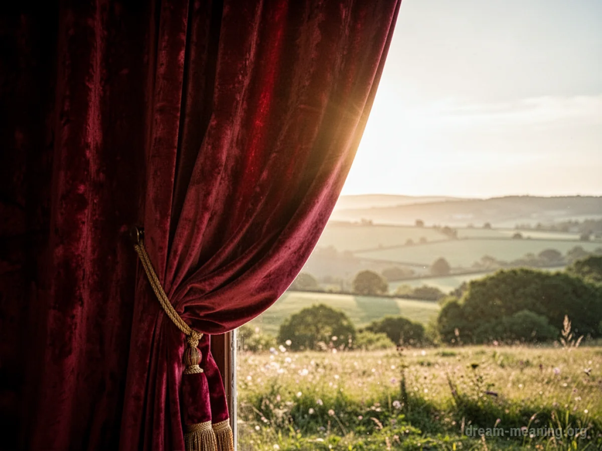 A partially opened curtain shows a bright scene behind it.