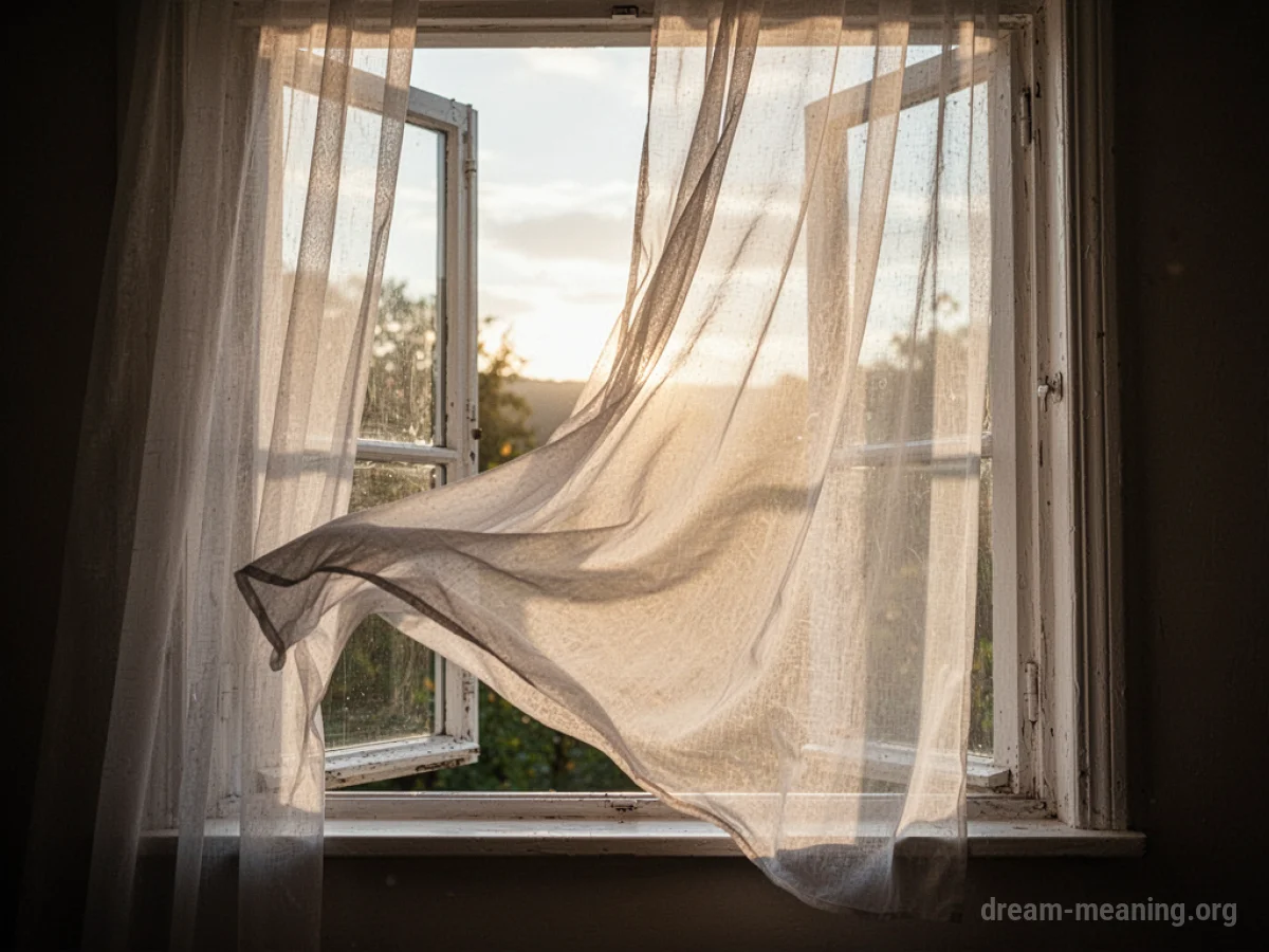 A sheer curtain blowing inward through an open window.