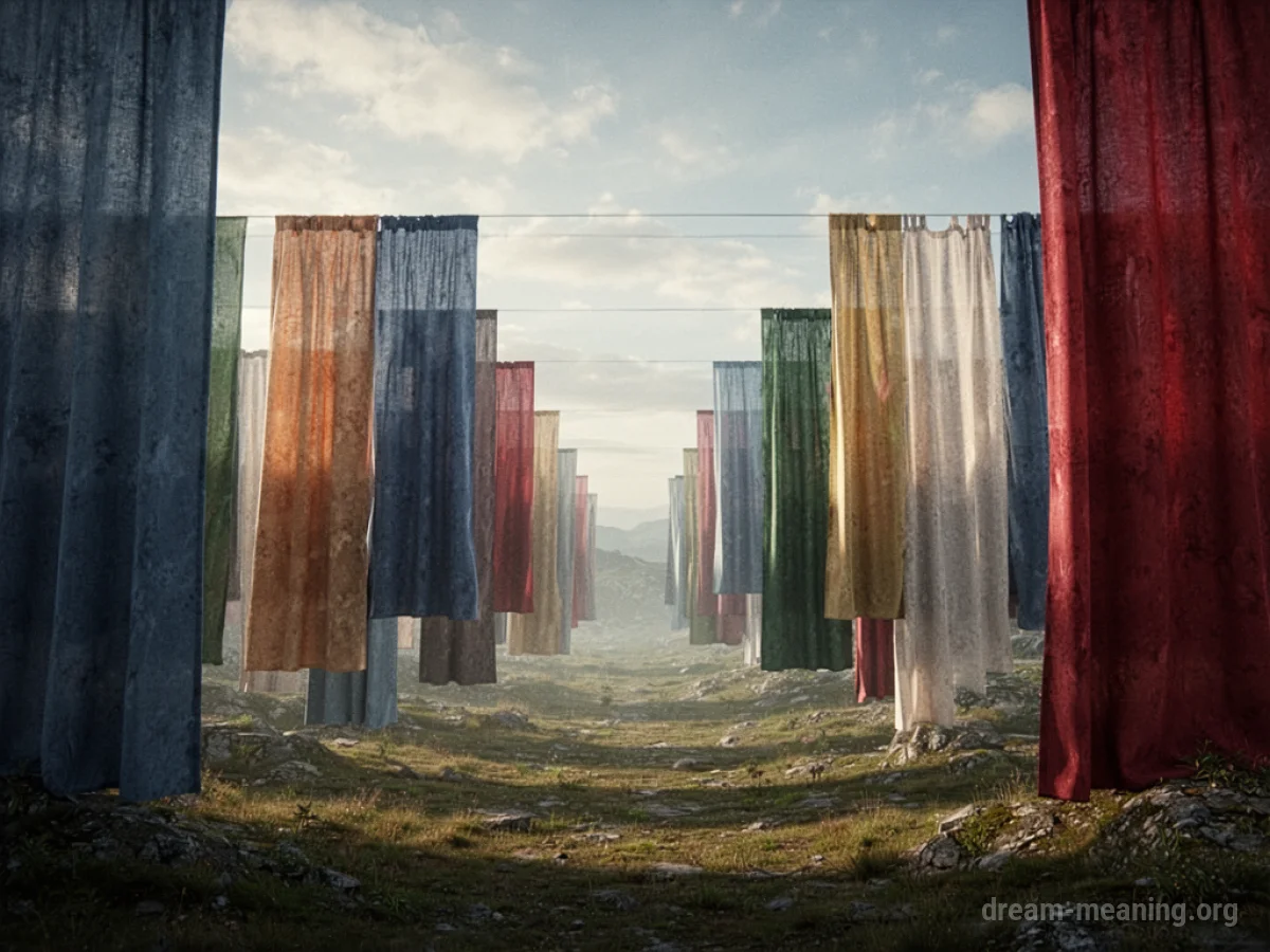 Many curtains hanging in an open, empty space, some partially obscuring the view beyond.