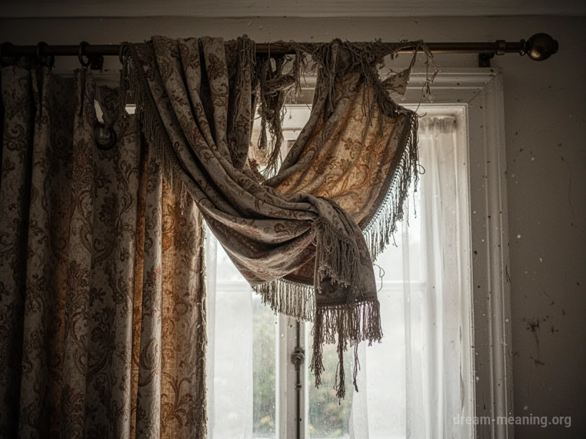 A decorative curtain is pulled away from its hanging rod.