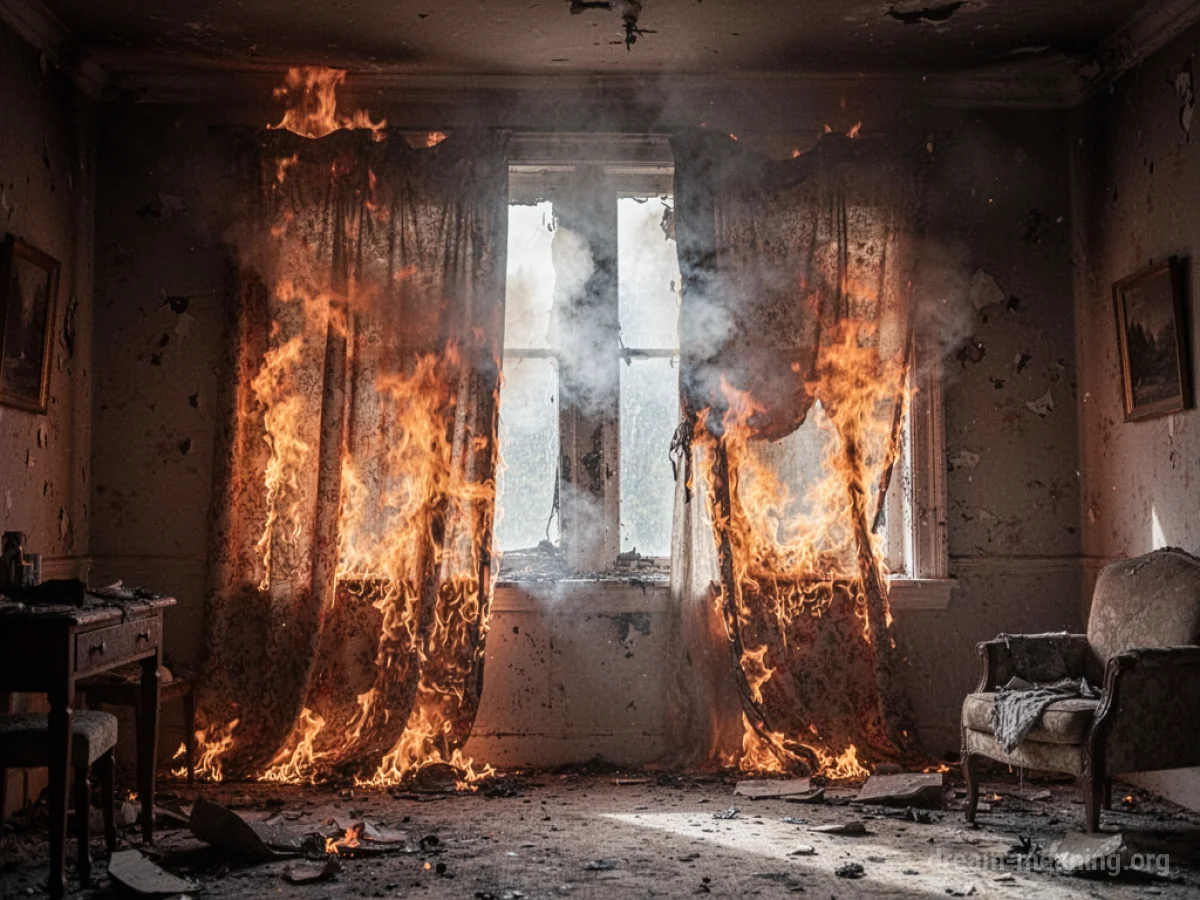 Fabric curtains burning with bright orange flames and dark smoke.
