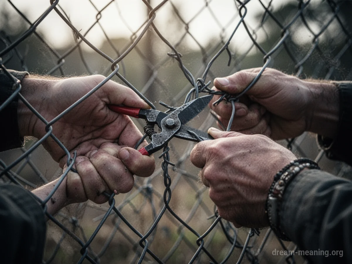 Hands holding wire cutters poised to cut a chain-link fence.