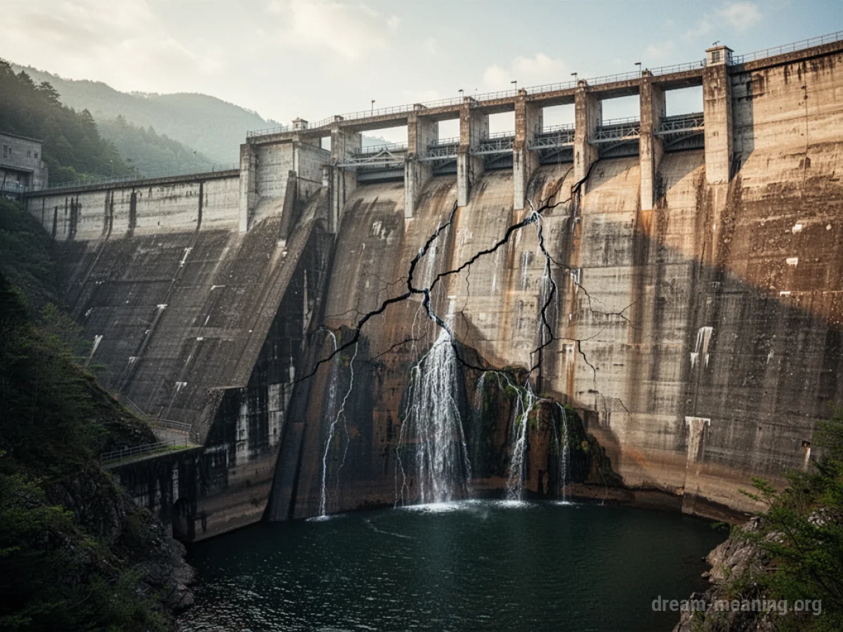 A large concrete dam with visible cracks and water seeping through.