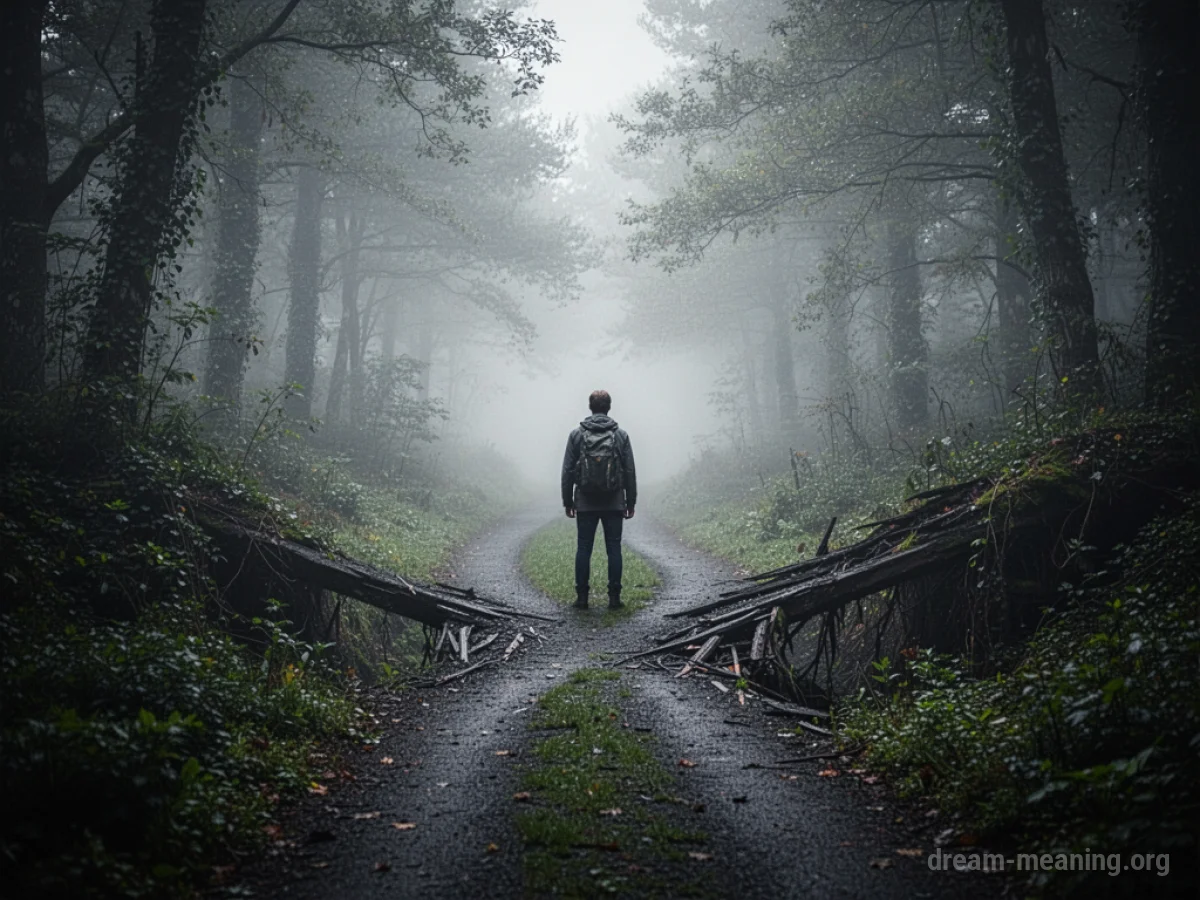 A person at a dark, overgrown fork in a path with one path obscured by mist and the other looking unstable.