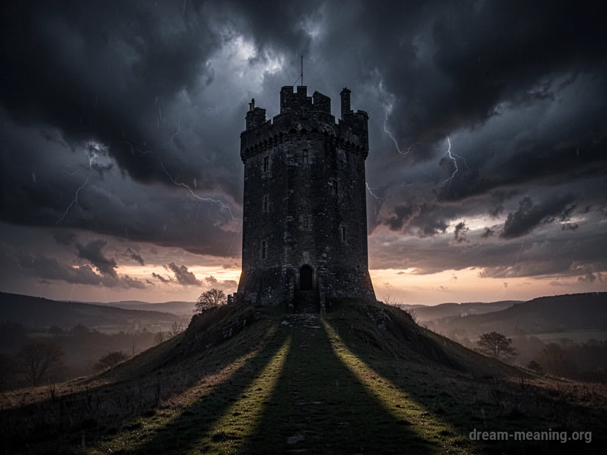 A tall, dark castle tower under a stormy sky.