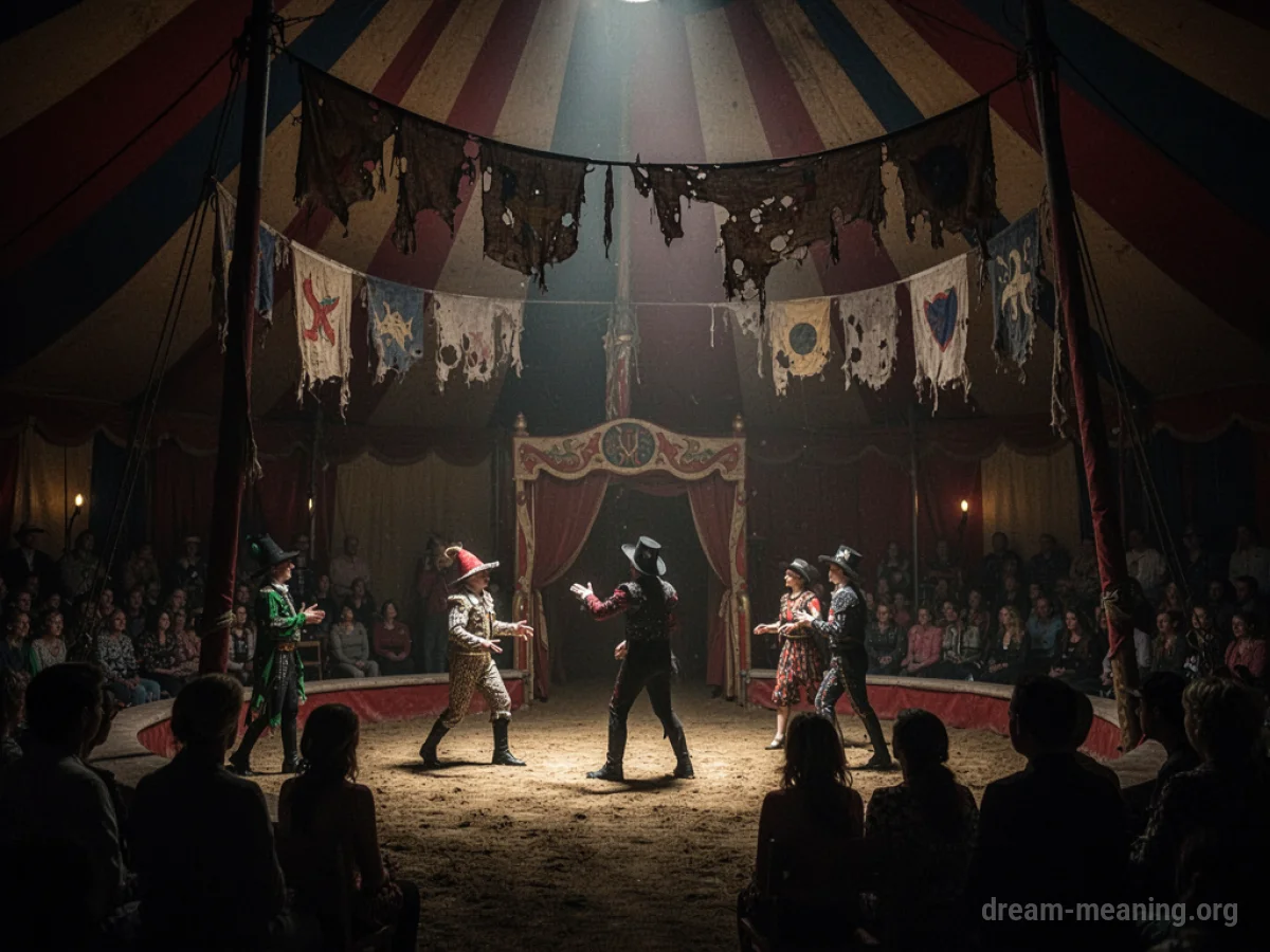A shadowy, dimly lit circus tent with tattered decorations.