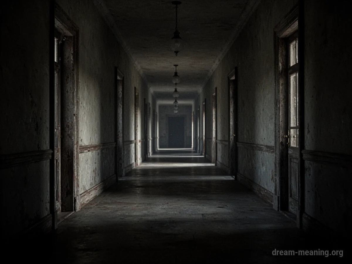 A long, dark corridor with a faint light source at the distant end.
